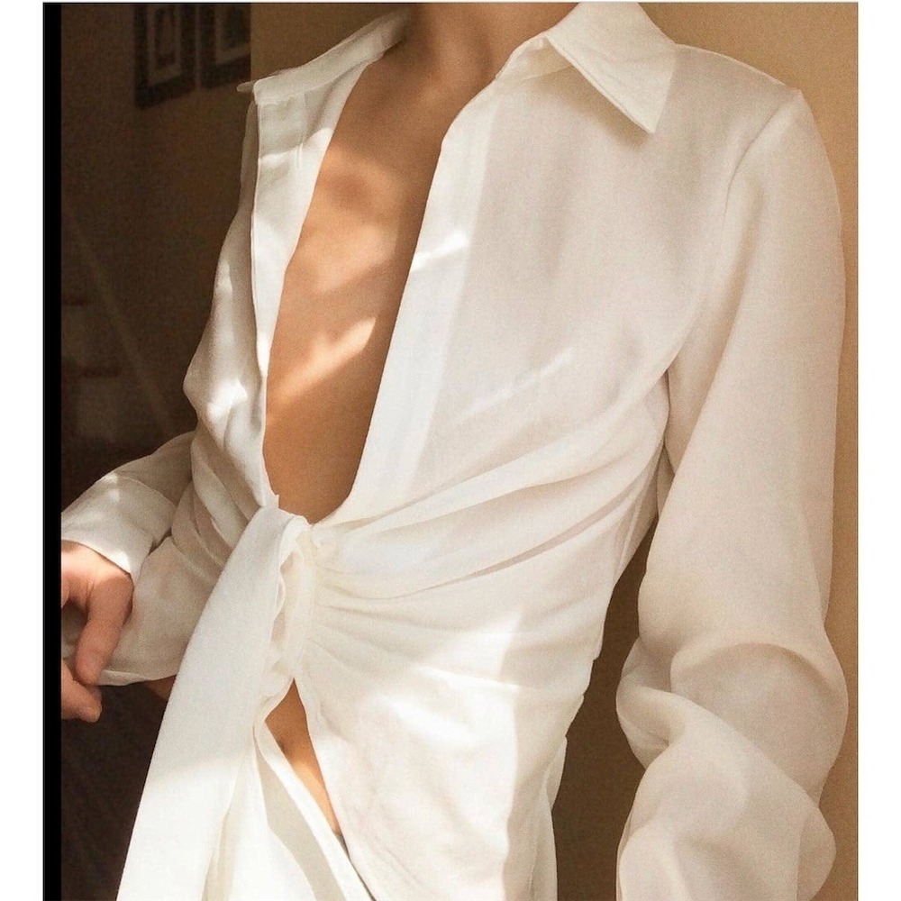 CHOOSY Crosby St. Dress White Plunge Tie Front Long Sleeve Shirt Dress Women's 6